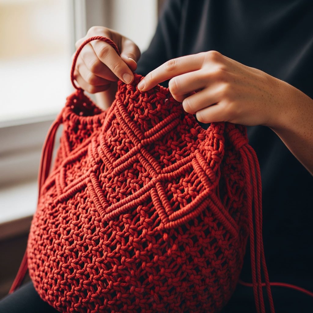Bolso rojo de macramé